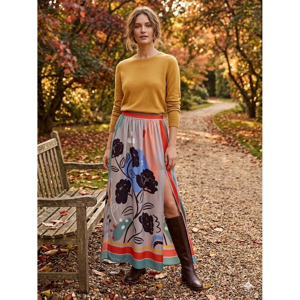 Anthropologie Maeve Boho Fall Abstract Floral Smocked Maxi Skirt Gray Multi XS